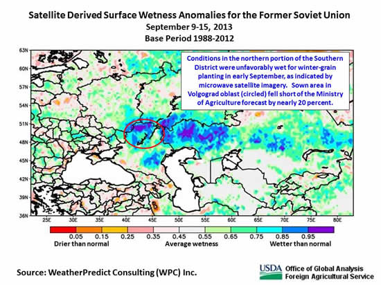 Conditions in the northern portion of the Southern District were unfavorably wet for winter-grain planting in early September, as indicated by microwave satellite imagery.   Sown area in Volgograd oblast fell short of the Ministry of Agriculture forecast by nearly 20 percent.