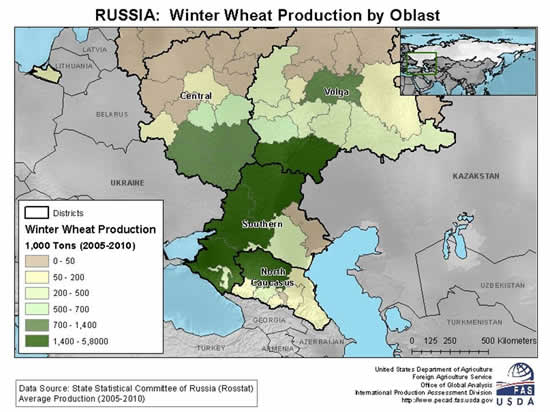 Nearly all of Russia's winter wheat is grown in European Russia.