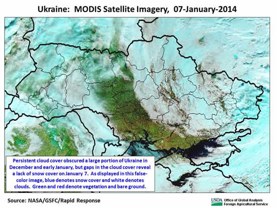 Persistent cloud cover obscured a large portion of Ukraine in December and early January, but gaps in the cloud cover reveal a lack of snow cover on January 7.  