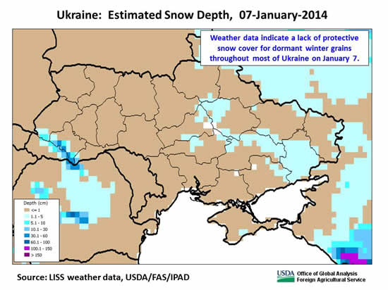 Weather data indicate a lack of protective snow cover for dormant winter grains throughout most of Ukraine on January 7.  