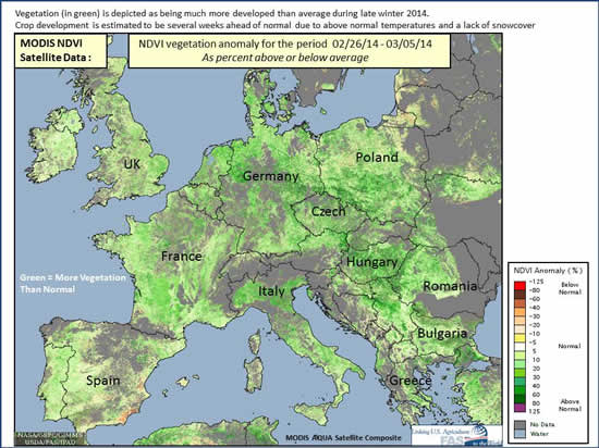 Vegetation (in green) is depicted as being much more developed than average during late winter 2014. Crop development is estimated to be several weeks ahead of normal due to above normal temperatures and a lack of snowcover.