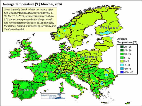 Crops typically break winter dormancy after two weeks of temperatures at or above 5 °C.  On March 6, 2014, temperatures were above 5 °C almost everywhere but in the far north and northeastern areas.