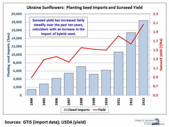Sunseed yield has increased fairly steadily over the past ten years, coincident with an increase in the import of hybrid seed. 