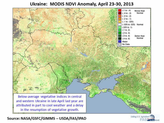 Below-average vegetative indices in central and western Ukraine in late April last year are attributed in part to cool weather and a delay in the resumption of vegetative growth.