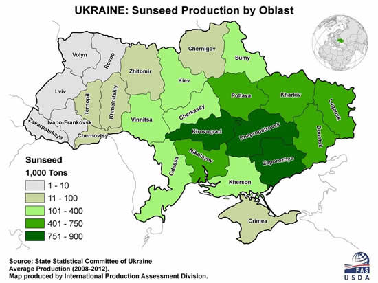 Southern and eastern Ukraine is the country's main sunseed production zone.