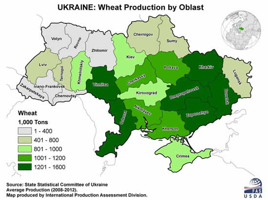Wheat is grown thoughout Ukraine, although the western territories are not considered to be part of the main production region.
