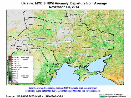 Satellite-derived vegetative indices (NDVI) indicate that establishment conditions were better last year (for 2014/15 winter crops) winter crops than for the current season (2015/16 winter crops).  