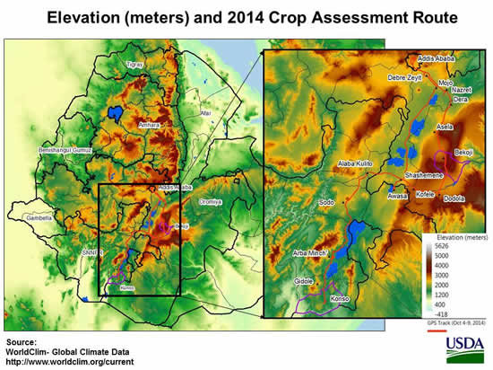 Elevation (meters) and 2014 Crop Assessment Route