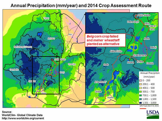 Annual Precipitation and 2014 Crop Assessment Route
