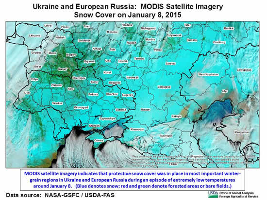 MODIS satellite imagery indicates that protective snow cover was in place in most important winter-grain regions in Ukraine and European Russia during an episode of extremely low temperatures around January 8.   