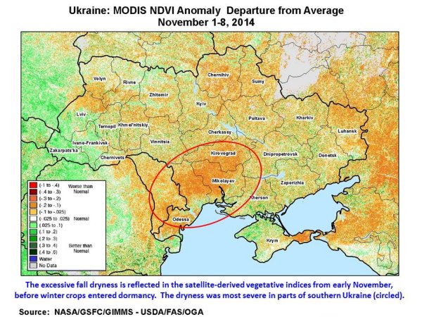 The excessive fall dryness is reflected in the satellite-derived vegetative indices from early November, before winter crops entered dormancy.  The dryness was most severe in parts of southern Ukraine.