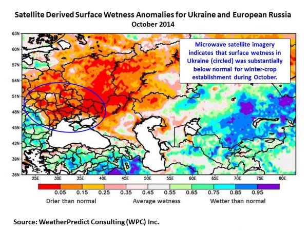 Microwave satellite imagery indicates that surface wetness in Ukraine was substantially below normal for winter-crop establishment during October 2014.