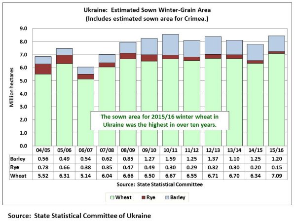 The sown area for 2015/16 winter wheat in Ukraine was the highest in over ten years.