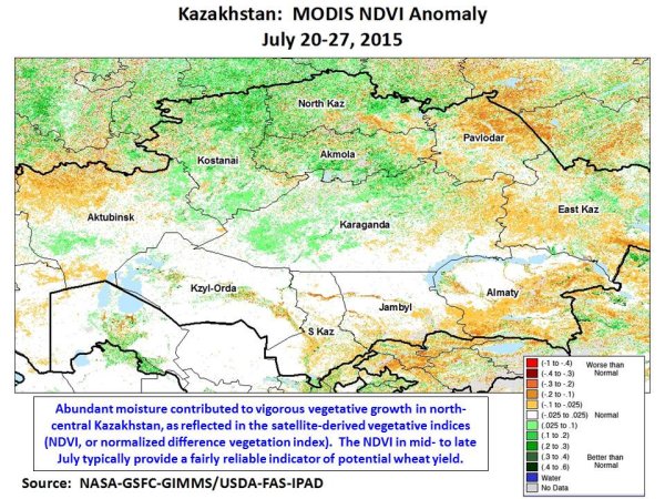 Abundant moisture contributed to vigorous vegetative growth in north-central Kazakhstan, as reflected in the satellite-derived vegetative indices (NDVI, or normalized difference vegetation index).  The NDVI in mid- to late July typically provide a fairly reliable indicator of potential wheat yield.
