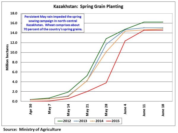 Persistent May rain impeded the spring sowing campaign in north-central Kazakhstan.  Wheat comprises about 