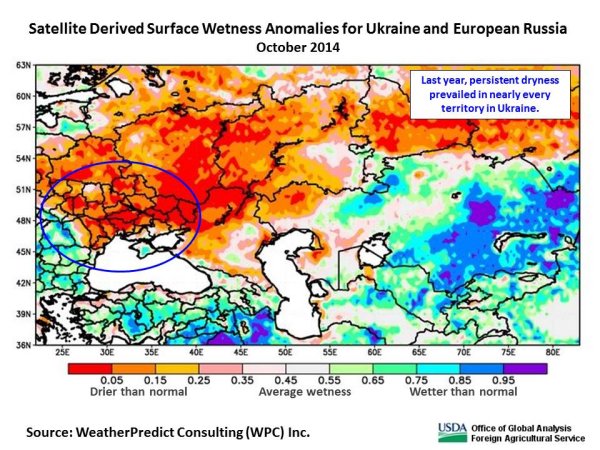 Microwave satellite imagery indicates that dryness prevailed in nearly every territory in Ukraine in autumn 2014. 