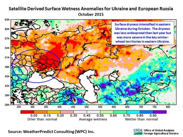 Surface dryness intensified in eastern Ukraine during October.  The dryness was less widespread than last year but was more severe in the key winter-wheat territories in eastern Ukraine.