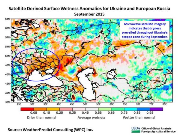 Microwave satellite imagery indicates that dryness prevailed throughout Ukraine’s steppe zone during September.