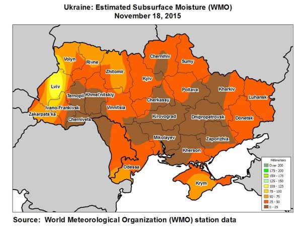 Subsurface soil moisture is especially low in south-central Ukraine.