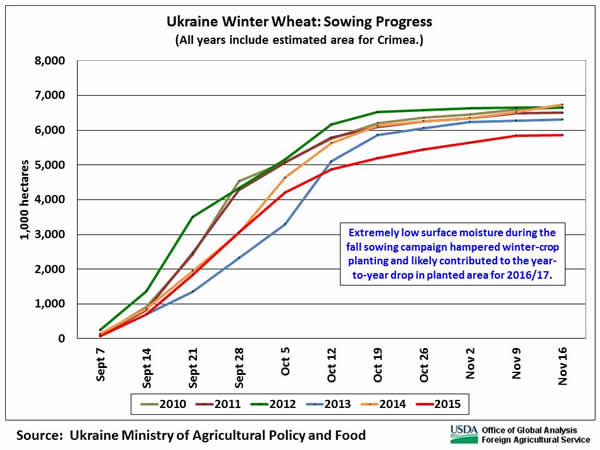 Extremely low surface moisture during the fall sowing campaign hampered winter-crop planting.  The final sown area was the lowest in nine years.