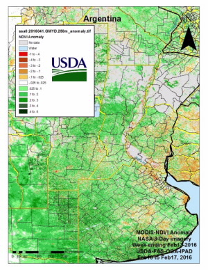 Most of the main Argentina soy region received heavy rains fell during the third week of February 2016.