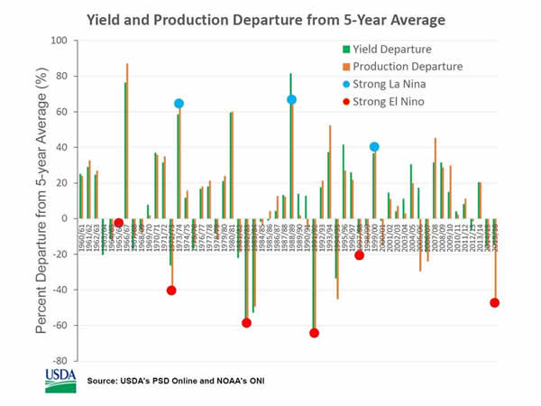 Figure 11. Strong El Niño and La Niña Events Compared to Corn Yields and Production in South Africa