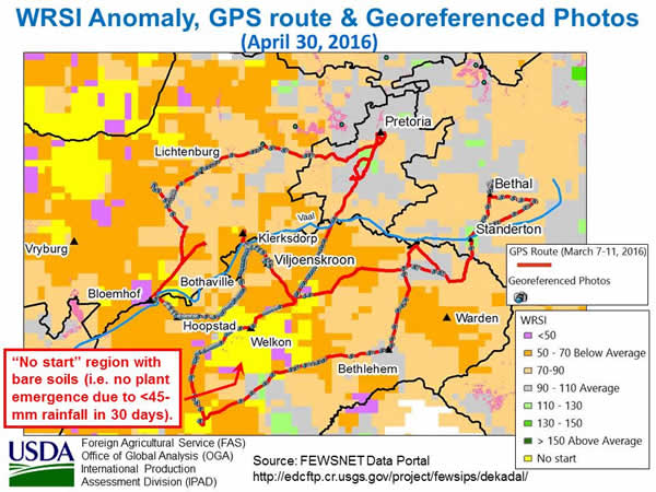 GPS crop assessment route overlad WRSI Anomaly (i.e., relative yield) image.