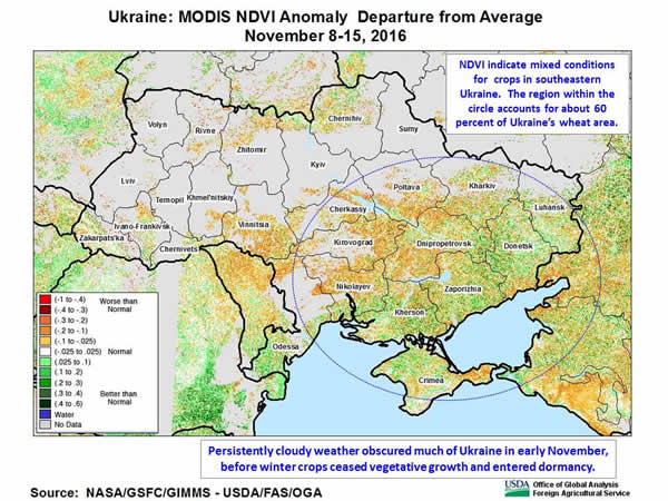 Persistently cloudy weather obscured much of Ukraine in early November, before winter crops ceased vegetative growth and entered dormancy.  