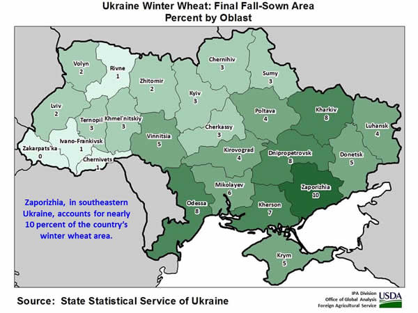 Zaporizhia, in southeastern Ukraine, accounts for nearly 10 percent of the country’s winter wheat area.