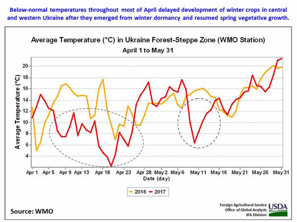 Below-normal temperatures throughout most of April delayed development of winter crops in central and western Ukraine after they emerged from winter dormancy and resumed spring vegetative growth. 