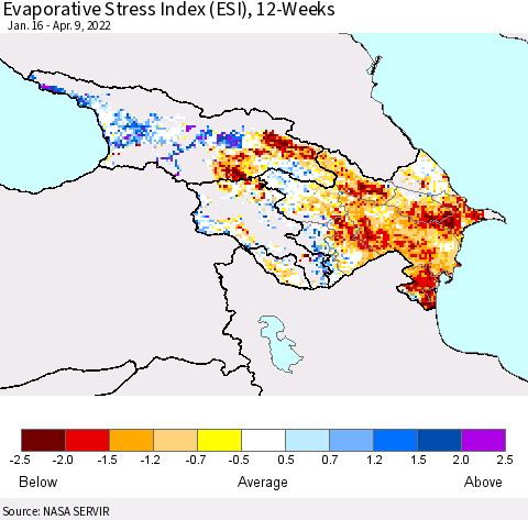 Azerbaijan, Armenia and Georgia Evaporative Stress Index (ESI), 12-Weeks Thematic Map For 4/4/2022 - 4/10/2022