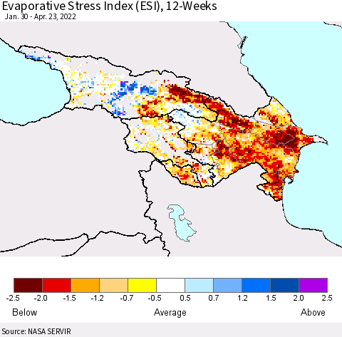 Azerbaijan, Armenia and Georgia Evaporative Stress Index (ESI), 12-Weeks Thematic Map For 4/18/2022 - 4/24/2022