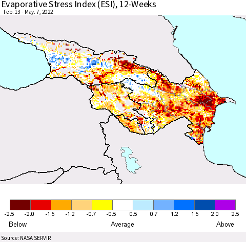 Azerbaijan, Armenia and Georgia Evaporative Stress Index (ESI), 12-Weeks Thematic Map For 5/2/2022 - 5/8/2022