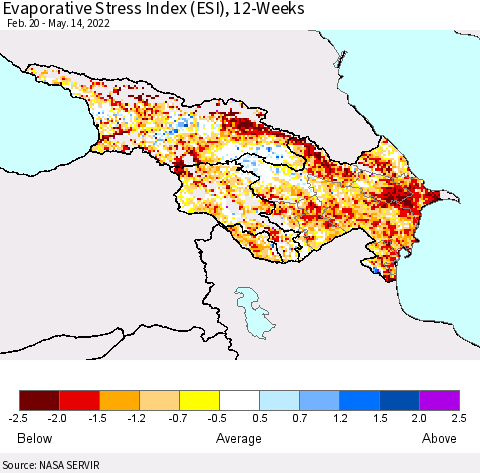 Azerbaijan, Armenia and Georgia Evaporative Stress Index (ESI), 12-Weeks Thematic Map For 5/9/2022 - 5/15/2022