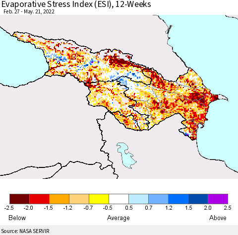 Azerbaijan, Armenia and Georgia Evaporative Stress Index (ESI), 12-Weeks Thematic Map For 5/16/2022 - 5/22/2022