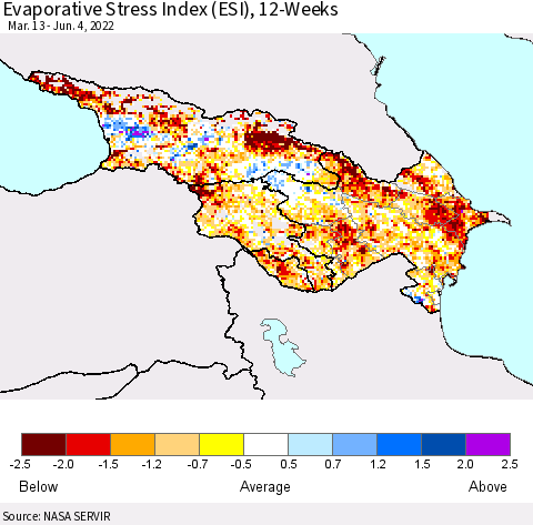 Azerbaijan, Armenia and Georgia Evaporative Stress Index (ESI), 12-Weeks Thematic Map For 5/30/2022 - 6/5/2022