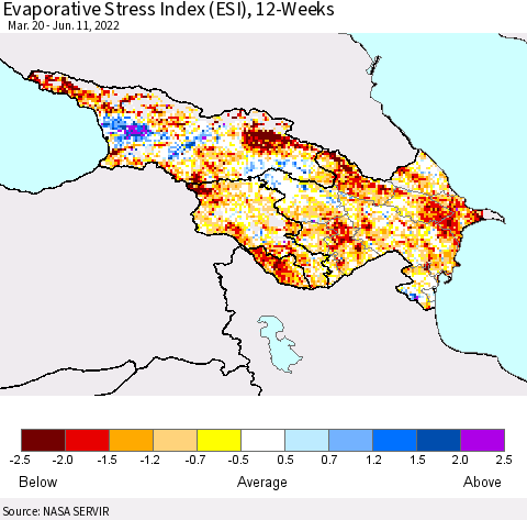 Azerbaijan, Armenia and Georgia Evaporative Stress Index (ESI), 12-Weeks Thematic Map For 6/6/2022 - 6/12/2022