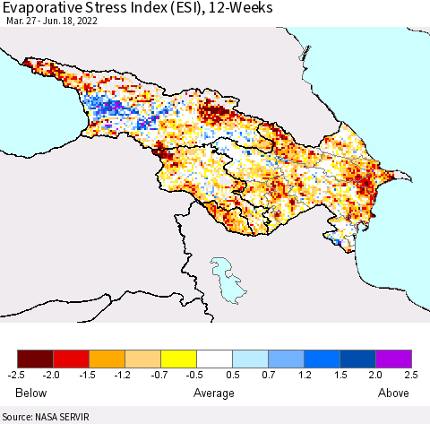 Azerbaijan, Armenia and Georgia Evaporative Stress Index (ESI), 12-Weeks Thematic Map For 6/13/2022 - 6/19/2022
