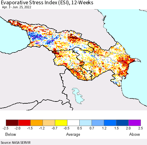 Azerbaijan, Armenia and Georgia Evaporative Stress Index (ESI), 12-Weeks Thematic Map For 6/20/2022 - 6/26/2022
