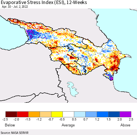 Azerbaijan, Armenia and Georgia Evaporative Stress Index (ESI), 12-Weeks Thematic Map For 6/27/2022 - 7/3/2022