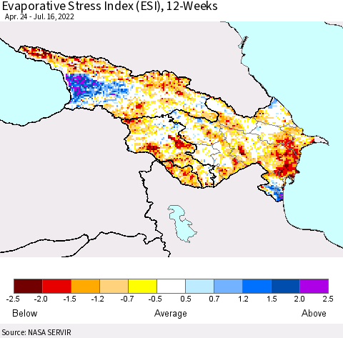 Azerbaijan, Armenia and Georgia Evaporative Stress Index (ESI), 12-Weeks Thematic Map For 7/11/2022 - 7/17/2022