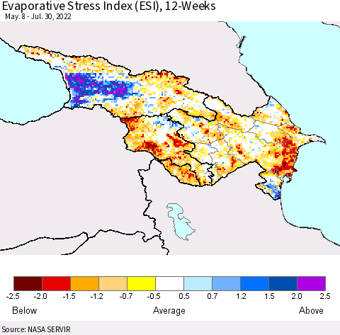 Azerbaijan, Armenia and Georgia Evaporative Stress Index (ESI), 12-Weeks Thematic Map For 7/25/2022 - 7/31/2022