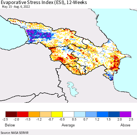 Azerbaijan, Armenia and Georgia Evaporative Stress Index (ESI), 12-Weeks Thematic Map For 8/1/2022 - 8/7/2022