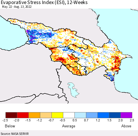 Azerbaijan, Armenia and Georgia Evaporative Stress Index (ESI), 12-Weeks Thematic Map For 8/8/2022 - 8/14/2022