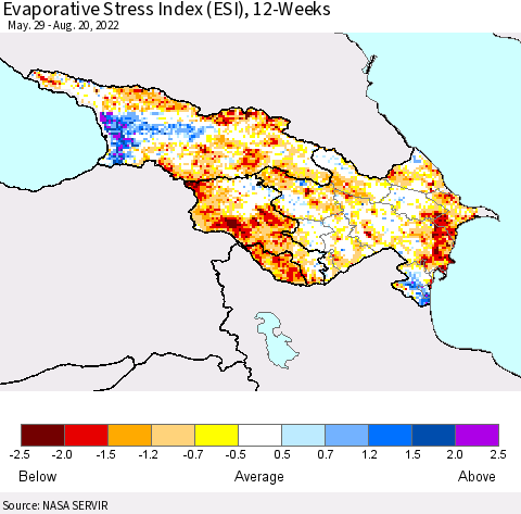 Azerbaijan, Armenia and Georgia Evaporative Stress Index (ESI), 12-Weeks Thematic Map For 8/15/2022 - 8/21/2022