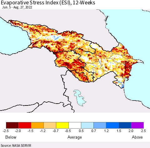 Azerbaijan, Armenia and Georgia Evaporative Stress Index (ESI), 12-Weeks Thematic Map For 8/22/2022 - 8/28/2022