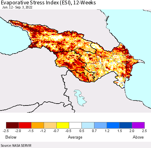 Azerbaijan, Armenia and Georgia Evaporative Stress Index (ESI), 12-Weeks Thematic Map For 8/29/2022 - 9/4/2022