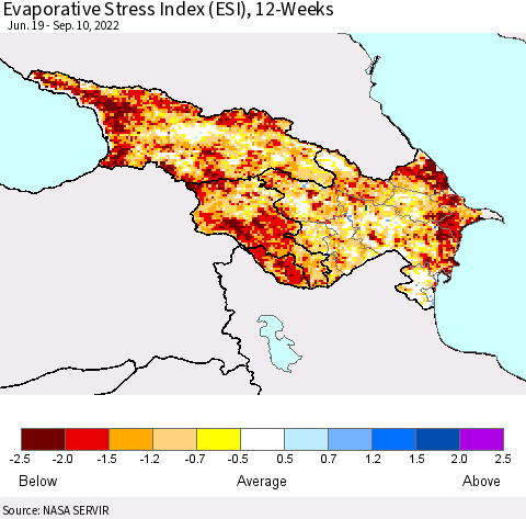 Azerbaijan, Armenia and Georgia Evaporative Stress Index (ESI), 12-Weeks Thematic Map For 9/5/2022 - 9/11/2022