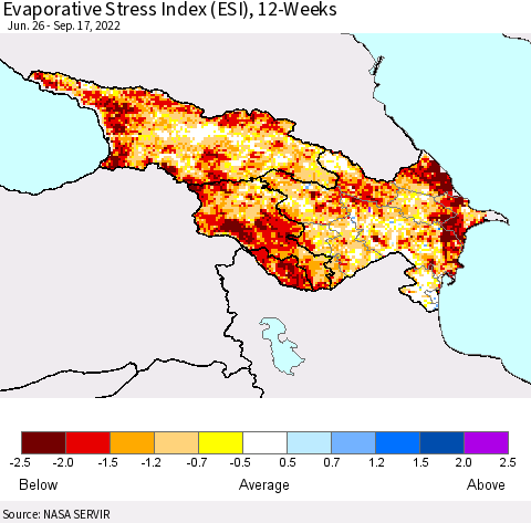 Azerbaijan, Armenia and Georgia Evaporative Stress Index (ESI), 12-Weeks Thematic Map For 9/12/2022 - 9/18/2022