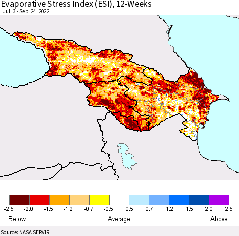 Azerbaijan, Armenia and Georgia Evaporative Stress Index (ESI), 12-Weeks Thematic Map For 9/19/2022 - 9/25/2022